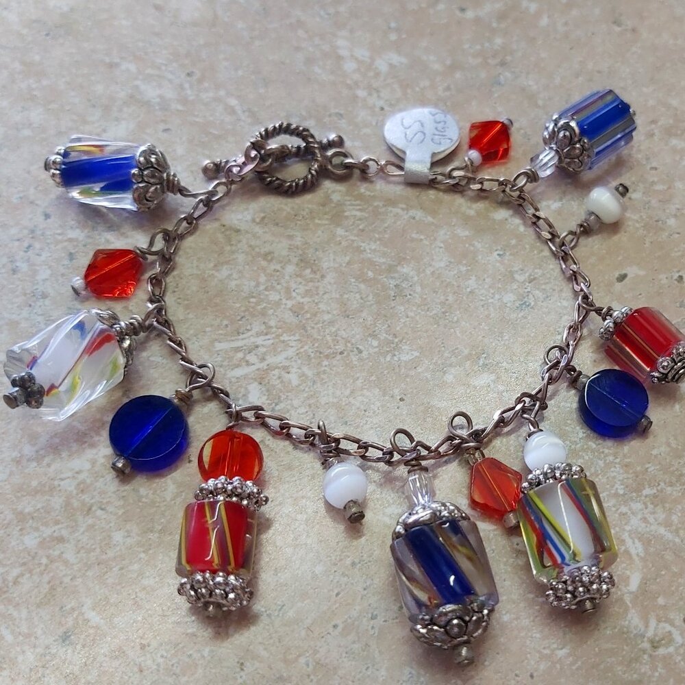 7" long USA color sterling silver dangle carm bracelet